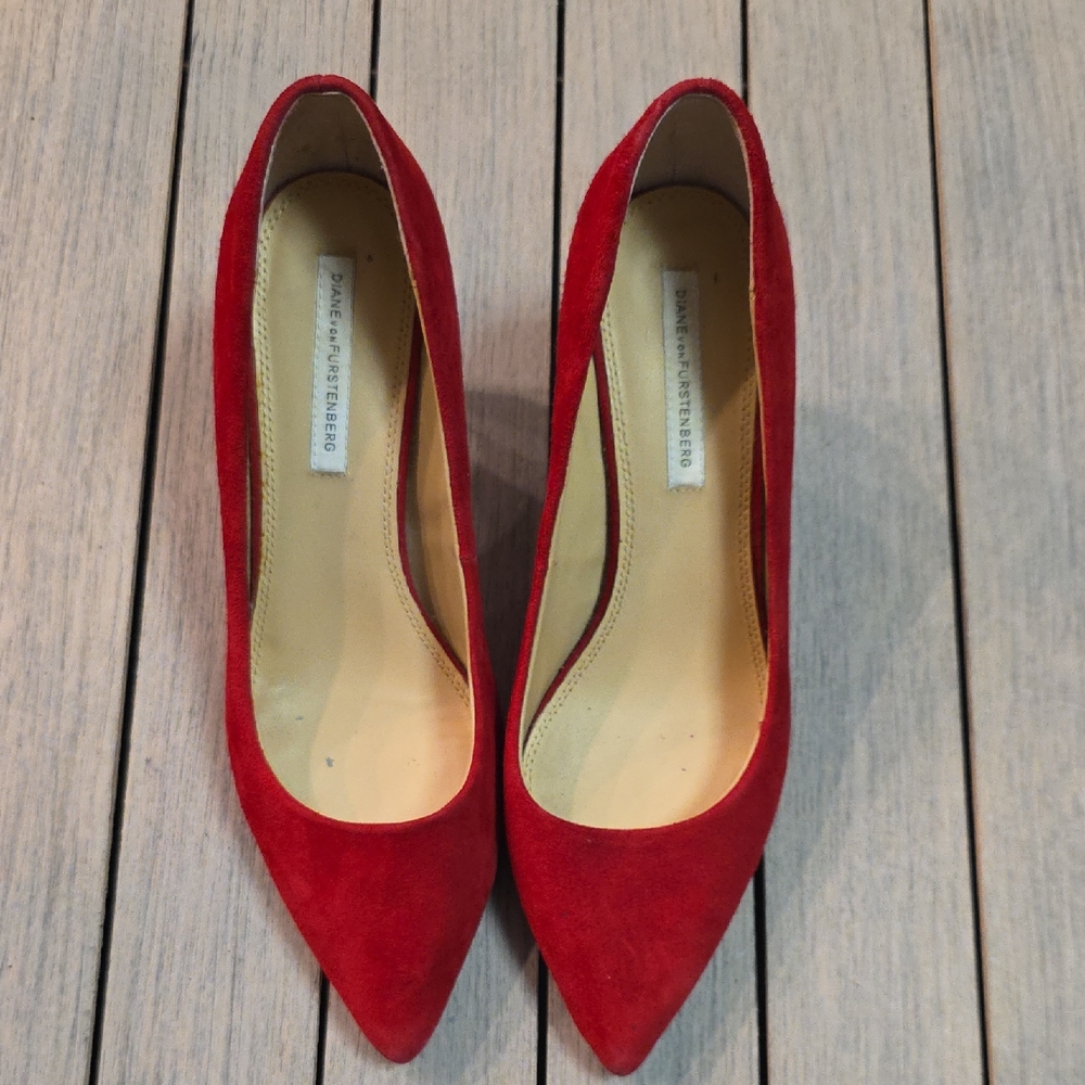 Diane Von Furstenberg Red Suede Heels, Size 8.5